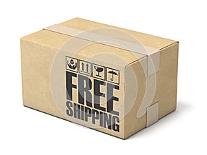 Free shipping cardboard box 3D rendering illustration on white b