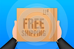 Free Shipping Cardboard Box on white background. Vector stock illustration.
