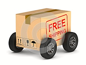 Free shipping cargo box with wheel on white background. Isolated