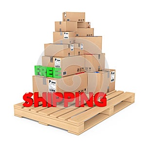 Free Shipping concept. Cardboard Boxes on Wooden Palette with Fr