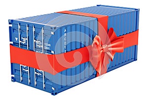 Free Shipping concept. Cargo Container with bow and ribbon, 3D r