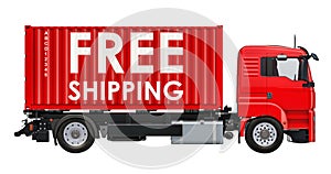 Free Shipping concept. Container truck with Free Shipping inscription, 3D rendering