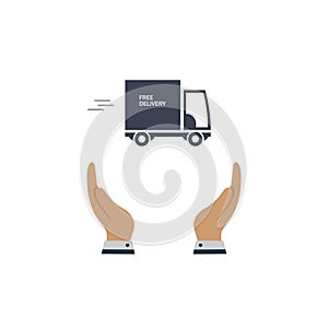 Free shipping icon. truck van in hand. vector symbol on white background in flat design