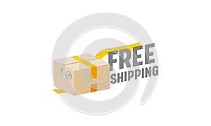 Free Shipping Isolated Icon, Emblem with Parcel Box Wrapped with Yellow Tape, Freight Logistics Logo On White Background