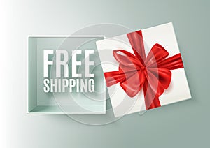 Free shipping message in open realistic gift box with red ribbon, vector illustration