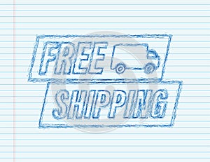 Free shipping sketch icon. Badge with truck. Vector stock illustrtaion