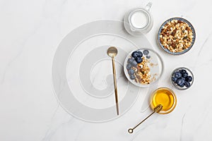 Free space cereal with oat, milk, blueberries and honey flat lay