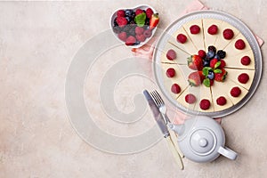 Free space with cheese cake on light background