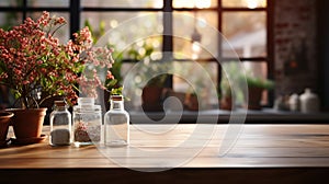 Free space table top background on blurred kitchen window interior Mock up. ai generative