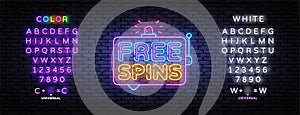 Free spins neon design on black background. Neon Retro template with black free spins on light background for game