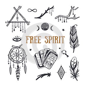 Free spirit boho vector collection. Dreamcatchers, feathers, tarot cards and other mystical symbol