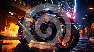 The free spirit of Ryder, conquering the road on a powerful neon motorcycle standing out in a dark