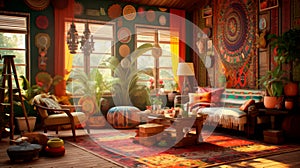 Free-Spirited Eclecticism: Inviting 3D Interior Model with Bohemian Style and Unique Artworks