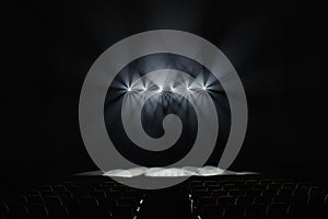 Free stage with lights, background of empty stage, spotlight, neon light, smoke.