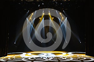Free stage with lights, background of empty stage, spotlight, neon light, smoke.