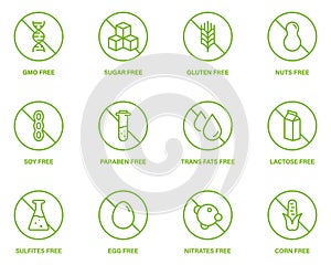 Free Sugar, Corn, GMO, Dairy, Nitrates, Trans Fat, Soy, Milk, Egg, Paraben, Gluten, Nuts Forbidden Line Green Icon Set