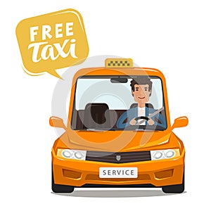 Free taxi, concept. Happy driver rides a car. Cartoon vector illustration