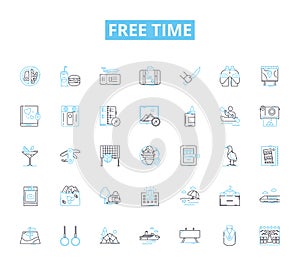 Free time linear icons set. Leisure, Relaxation, Hobbies, Pastimes, Recreation, Amusement, Entertainment line vector and