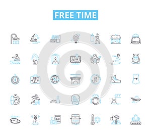 Free time linear icons set. Leisure, Relaxation, Hobbies, Pastimes, Recreation, Amusement, Entertainment line vector and