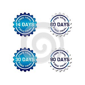 Free Trial Badges. 14, 30, 60, and 90 day sticker. Vector illustration in flat paper style with gradient blue and white color