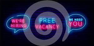 Free vacancy neon labels collection. We need you. Job searching design. Recruitment banner. Vector illustration