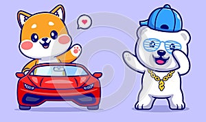 Free vector cute shiba inu dog driving car cartoon vector icon illustration animal transportation icon