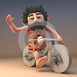 Free wheeling caveman with animal pelt and beard riding on his stone age bike, 3d illustration