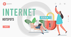 Free Wi-fi Internet Hotspot Landing Page Template. Modern Network Technology, Tiny Characters at Huge Lock Work