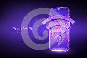 Free WiFi concept. Abstract low polygonal smartphone with wi-fi sign. Hotspot signal symbol. Mobile connection zone. Data transfer