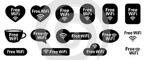 Free WiFi icons. Set of black and white stickers. Free Wi-Fi zone. Speech bubble, coffee cup, heart