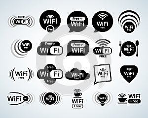 Free wifi logo set. Free wifi signs set. Wifi symbols. Wireless Network icons. Wifi zone. Modern UI website navigation.