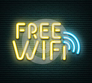 Free wifi neon luminous signboard on bricklaying wall.