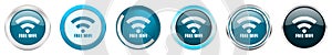 Free wifi silver metallic chrome border icons in 6 options, set of web blue round buttons isolated on white background