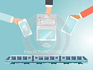 Free WiFi underground train, complimentary fast subway internet flat vector illustration. Concept hand hold mobile