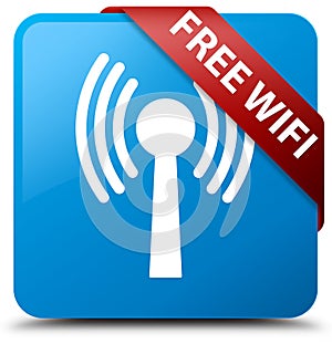 Free wifi (wlan network) cyan blue square button red ribbon in c