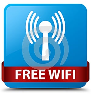 Free wifi (wlan network) cyan blue square button red ribbon in m