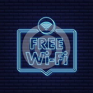 Free wifi zone blue icon. Free wifi here sign concept. Neon icon. Vector illustration.