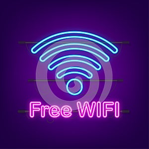 Free wifi zone blue icon. Free wifi here sign concept. Neon icon. Vector illustration