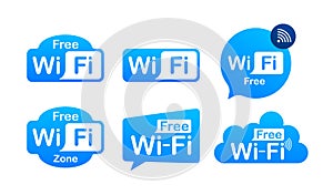 Free wifi zone blue icon. Free wifi here sign concept. Vector stock illustration.