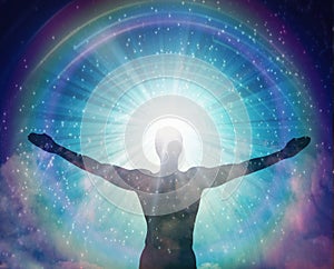 Man universe, meditation, healing, human body energy beams photo
