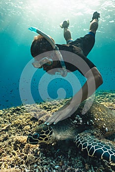 Freediver man with hawksbill turtle, underwater photography.