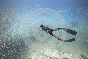 Freediver swim with a big school of fishes in ocean