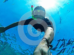Freediver: underwater selfie photo