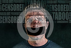 Freedom advertising composite with words like censored and taboo composed into face of young sad man with mouth sticky duct tape