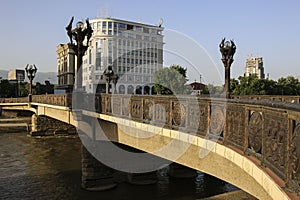 Freedom Bridge across the Vardar River in Skopje, Republic of North Macedonia