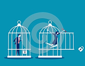 Freedom concept. Business team locked and key free himself from cage. Concept business vector illustration