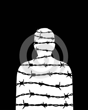 Freedom concept. Man silhouette with barbed wire. Vector prisoner