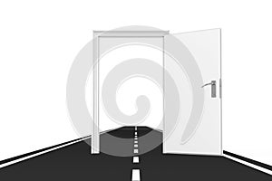 Freedom Concept. Opened White Door over Asphalt Road. 3d Rendering