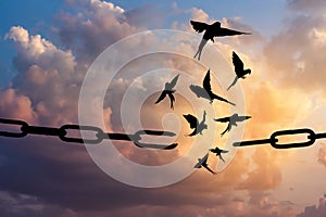 Freedom concept. Silhouettes of broken chain and birds flying in sky