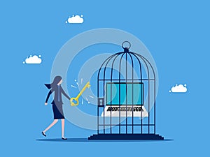 IT freedom control and unlocking. Businesswoman unlocks laptop in cage